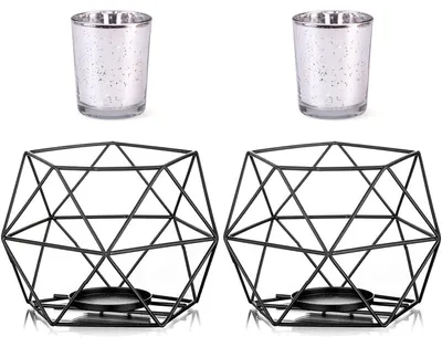 Image de Support pour bougies en métal, noir, de forme géométrique, lot de 2, avec supports pour bougies en verre, idéal pour une table de salon
