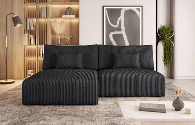 Produktbild von Easy4You Graphite Ecksofa Modulo Kord in L-Form 210x69x152 cm mit Schlaffunktion und Bettzeugbehälter - Schlafsofa mit Bettkasten - Eckcouch mit Stauraum - Stoff: POSO 34