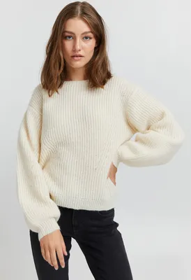 Produktbild von Pulz Jeans PZIRIS Damen Strickpullover Grobstrick Pullover mit U-Boot Ausschnitt