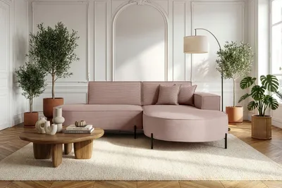 Produktbild von Ecksofa 3-Sitzer im Loft-Stil, Skandi-Design – L-Form, Ecke Rechts – Hohe Metallfüße – inkl. Dekokissen, Cordstoff Chenille – Altrosa, Rosa