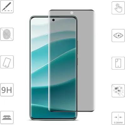 A screen protector is shown on a smartphone, with various icons indicating its features.