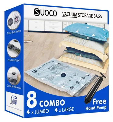 Produktbild von Vakuumbeutel Kleidung Bettdecken 8er Set (4x Jumbo 100x70cm, 4x Large 80x60cm) mit Handpumpe
