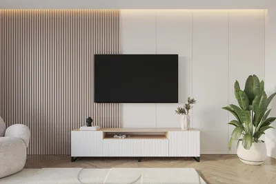 Produktbild von ALTDECOR TV-Schrank NOA-2-S mit Gefrästen Fronten 200x53x41 Lowboard, TV Möbel, TV Cabinet, Fernsehtisch, Fernseher Schrank, TV Kommode, TV Tisch, TV Sideboard, TV Board - Artisan / Weiß
