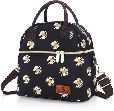 Immagine prodotto di Borsa da pranzo termica da donna, piccola borsa da lavoro, borsa termica isolante con tracolla regolabile, motivo fiori bianchi e neri