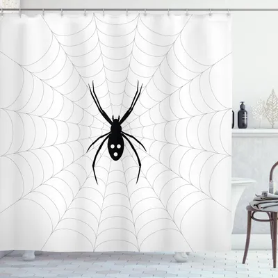 Zdjęcie produktu dla ABAKUHAUS Zasłona prysznicowa z motywem pajęczyny, jadowity owad, motyw pajęczyny, pajęczy motyw z kreskówki, motyw Halloween, 175 x 180 cm, biało-czarna