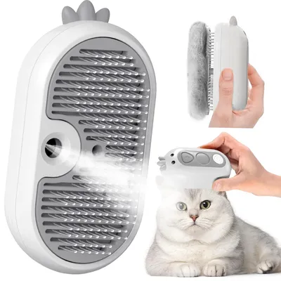Produktbild von Katzenbürste Haarbürste Dampfbürste - Selbstreinigend - Wasserbehälter - Weiß - Für langhaarige Katzen und Hunde