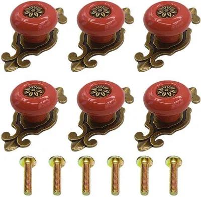 Obrázok produktu pre Uniqoos® Sada 6 vintage keramických gombíkov, červená – úchytky na nábytok, priemer 32 mm, výška 26 mm, keramika s zinkovou zliatinou, vhodné na skrine a zásuvky