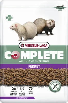 A bag of ferret food with images of ferrets on the packaging.