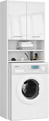 Obrázok produktu pre 3xEliving Skrinka na práčku KORALIA s 2 dverami, na práčku alebo sušičku, vysoká skrinka do kúpeľne s policami Skrinka do kúpeľne v bielej/bielej farbe s vysokým leskom