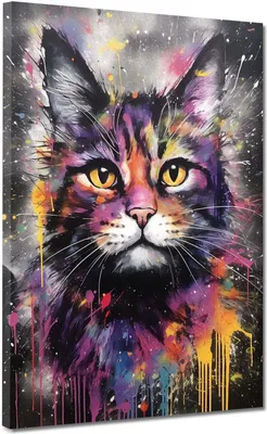 Produktbild von Pop Art Katze Splash Leinwandbild Wandbild XL Dekoration Kunst XL: 90x120x2cm