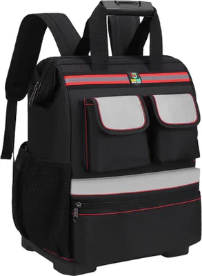 Produktbild von Schwarz mit Kunststoffboden Multifunktionale Werkzeugtasche Für Elektriker, Klempner, HVAC, Kabelreparateure, Atmungsaktive Gepolsterte Rückenstütze, 12 Innentaschen