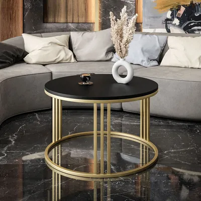 Produktbild von Runder Couchtisch LORI mit goldenem Gestell matt schwarz