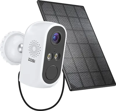 A white ZOSI security camera with a solar panel, presented against a white background.