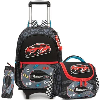 Immagine prodotto di Set da scuola a trolley, composto da 3 pezzi, con ruote, per ragazzi, colore nero, include una borsa per la merenda e un astuccio