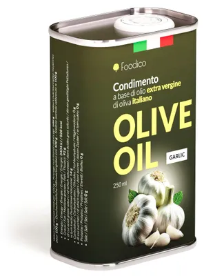Immagine prodotto di Olio d'oliva Foodico all'aglio - Olio extravergine di oliva spremuto a freddo, aromatizzato con aglio naturale - Barattolo di metallo da 250 ml proveniente dall'Italia