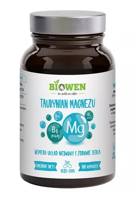 A product shot of a bottle of Biowen Magnesiumtaurat with Vitamin B6 (P-5-P) capsules.