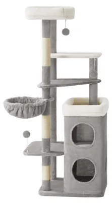 Obrázek produktu pro Kočičí škrábací strom – Výška 150 cm – Vícepatrový – 2 velké pelíšky – 1 ležící plocha – 3 platformy – 3 škrábací sloupky – Šedá barva