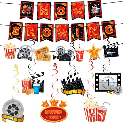 Filmabend-Deko-Set: 8 Hängespiralen & Banner aus Papier
