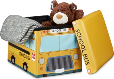 Produktbild von Relaxdays Spielzeugkiste Schulbus, HBT:32x48x32cm, stabiler Sitzhocker, Kunstleder, 37l, abnehmbarer Deckel, gelb