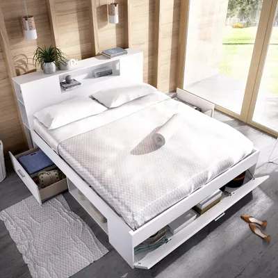 Image de Murlo - Lit Double, Blanc, avec Rangement