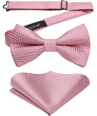 Immagine prodotto di Set da uomo composto da cravatta e fazzoletto da taschino, colore rosa, pre-legata, confezionata in scatola regalo, realizzata in poliestere