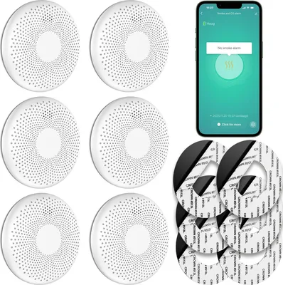 A collage of smoke detectors, a smartphone displaying an app, and adhesive pads.