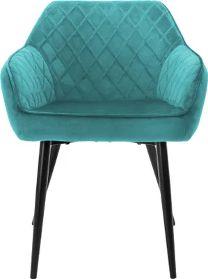 A teal armchair with diamond quilting and black metal legs, presented against a white background.