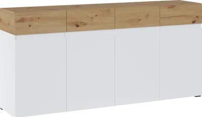 Immagine prodotto di Credenza Rimini cassettiera 4 ante 180x40x86cm senza maniglie colore selezionabile, bianco/rovere artigianale