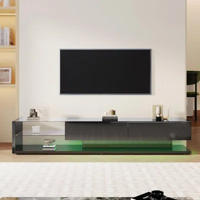 Obrázok produktu pre Fortuna Lai lesklá skrinka pod TV, skrinka pod TV 170 cm s LED osvetlením, s 2 zásuvkami, sklenené priečky, moderný nábytok do obývačky (čierna)
