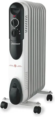 A white and gray oil-filled electric radiator with black controls and wheels, shown on a white background.