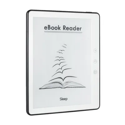An e-book reader is shown against a white background.