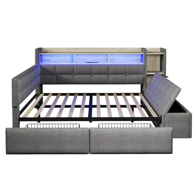 Produktbild von Flieks Schlafsofa Tagesbett 140x190cm mit Hydraulischem Betthocker, Polsterbett Doppelbett mit Ladefunktion & Led, Jugendbett Samt mit Ablagen, Grau