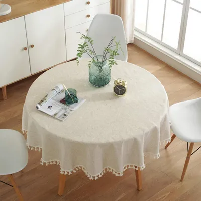 Immagine prodotto di Tovaglia rotonda con frange, 150 cm, colore beige, in cotone