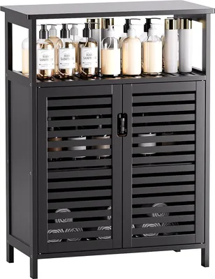 Image de Rangement au sol pour salle de bain et cuisine - Bambou - Noir - 2 portes et étagère ouverte
