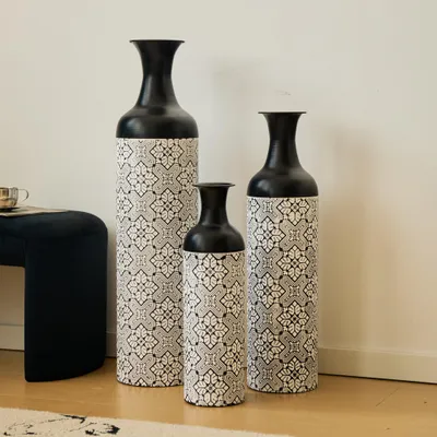 Produktbild von okwish 3-teiliges Vintage-Bodenvase-Set Blumenvase Dekovase,Vase mit Pampaszweig,für Wohnzimmer und Schlafzimmer,Schwarz-weiß