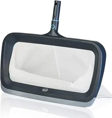 A pool skimmer net with a dark gray frame and a white mesh net, attached to a dark gray handle with blue accents.