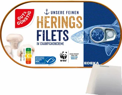 Produktbild von Gut & Günstig Heringsfilets in Champignoncreme mit Champignonstückchen (200g Dose) + usy Block