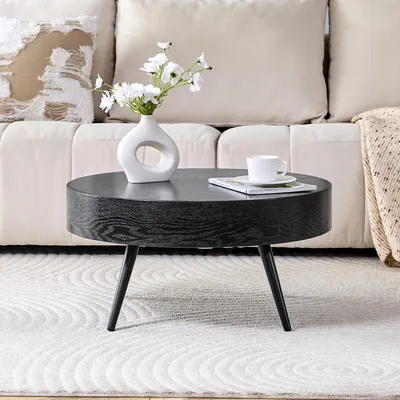 Produktbild von Runder Couchtisch 70 cm, schwarze Holzoptik, MDF, schwarze Metallbeine, minimalistisch