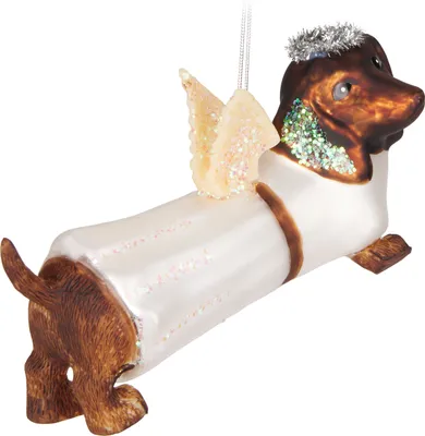 Productafbeelding van BRUBAKER Dackel als engel, volledig wit - Handgeschilderde kerstbal in de vorm van een hond, gemaakt van glas - Kerstornament, grappige decoratie, kerstbal - 12,9 cm