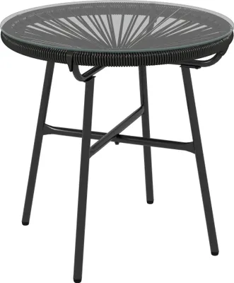 A black rattan side table with a glass top, shown from a slightly elevated angle against a white background.
