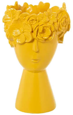 Keramikvase mit Gesicht und Blumen, matt gelb, 17x28 cm