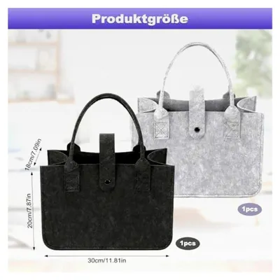 Produktbild von 2 Stück Filztaschen Shopper, Einkaufstasche Filz, 30 * 20 * 18 cm Faltbare Filztasche groß für Einkäufe (Schwarz/Grau)