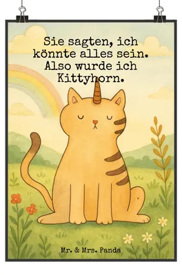 Produktbild von Mr. & Mrs. Panda Poster Einhorn Katze Design DIN A4 - Weiß - Geschenk, Kunstdruck, Unicorn, Mieze, drucke, Wandbild, Glitzer, wanddeko, Regenbogen, Bild