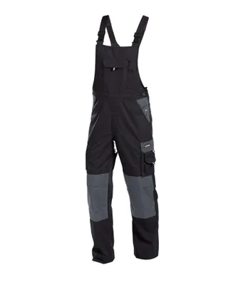 A pair of black and gray work overalls is shown against a white background.