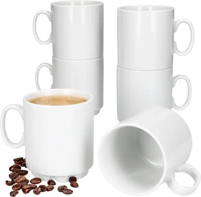 Produktbild von 6er Set Kaffeebecher aus Porzellan I 250 ml weiße Tassen mit Henkel für 6 Personen I stapelbare Becher für Heißgetränke wie Tee, Kakao und Latte Macchiato