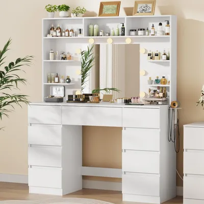 Produktbild von Schminktisch mit Spiegel und LED-Beleuchtung, 107 cm, weiß, 9 Schubladen, 7 Ablagen, Steckdose