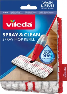 Packaging for a Vileda spray mop refill, showing the mop head and part of the mop handle.