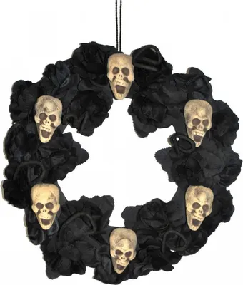 Produktbild von Dekorativer Halloween Kranz mit schwarzen Rosen & Totenschädeln