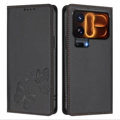 Obrázek produktu pro Kožené pouzdro pro Xiaomi 18 Pro, motýlí ražbou, peněženkové flip pouzdro se stojánkem Černá