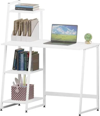 Productafbeelding van Famanu computerbureau met 3 planken en opbergruimte - Industrieel design in wit